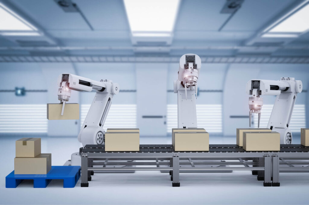 3d robot arms working with cardboard boxes