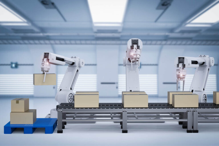 3d robot arms working with cardboard boxes