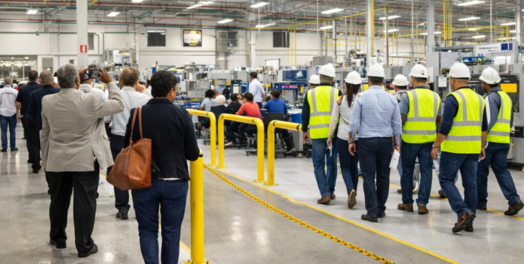 A group of visitors walking through a manufacturing facility tour.