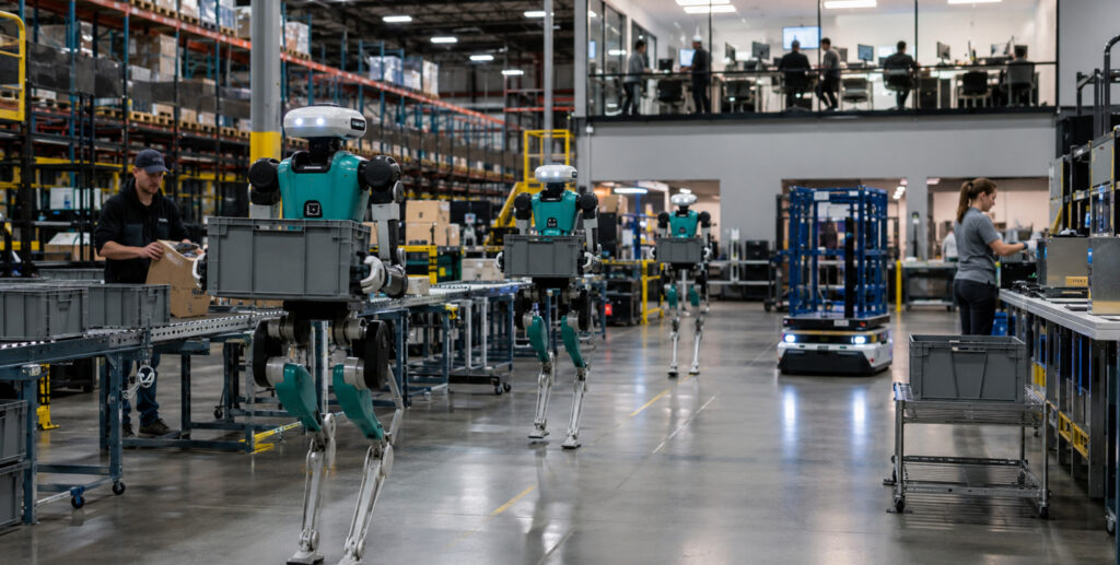 American warehouse where humanoid robots work alongside human employees