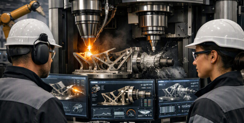 Hybrid machining center that combines metal additive manufacturing and CNC milling in a single machine