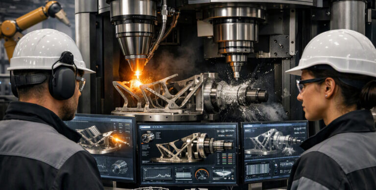 Hybrid machining center that combines metal additive manufacturing and CNC milling in a single machine