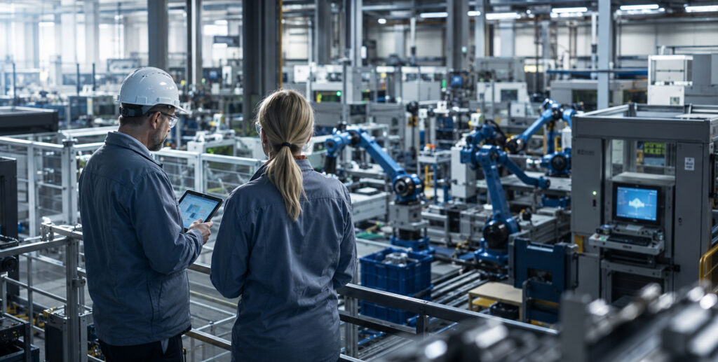 Engineers oversee advanced robotic arms, CNC machines, autonomous mobile robots