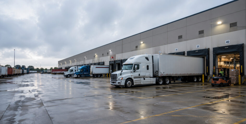 American freight distribution center during a slow shipping day.