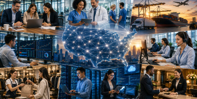 A split-screen showing various service industries—finance, healthcare, transportation, retail, technology, and hospitality connected by glowing digital network