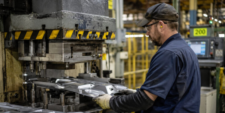 Factory Worker Operating Metal Press