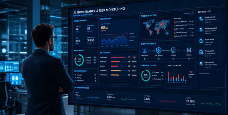 an IT professional looking at a large AI or data dashboard,